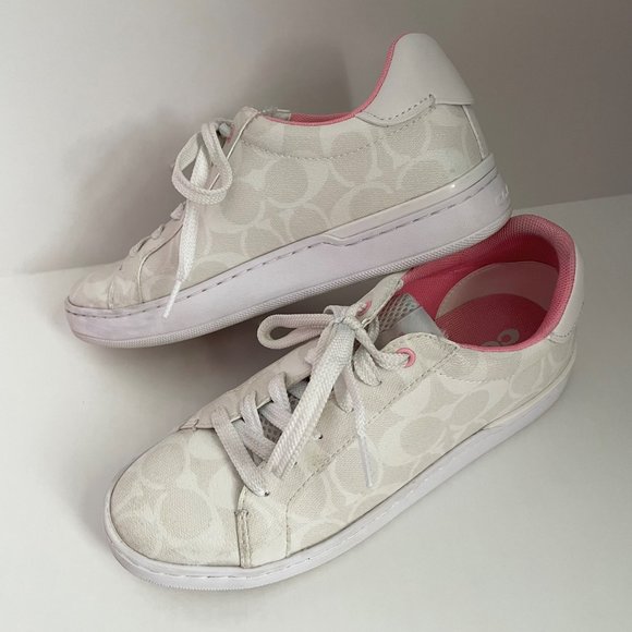 Coach Clip Low Top Sneaker Signature Canvas Size 7 Optic White Petunia Pink - Picture 1 of 15